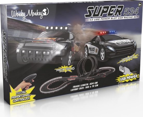 Wonky Monkey Super Racebaan (5,34m) met 2 auto’s (USB-voeding)